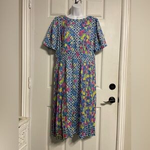 T31a- MAYEELOK Blue GEO-Floral Pleated Bow Modest Midi GEORGETTE Dress